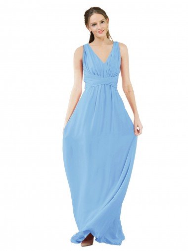 Affordable Long V-Neckline Chiffon Bridesmaid Dress with Twisted Waist UK