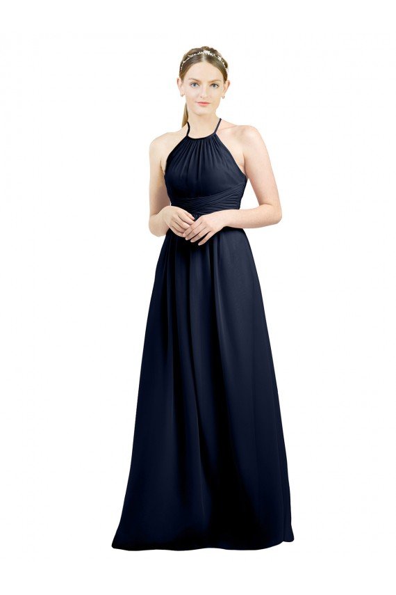 Affordable Halter High Neck Long Chiffon Bridesmaid Dress with Open Back UK