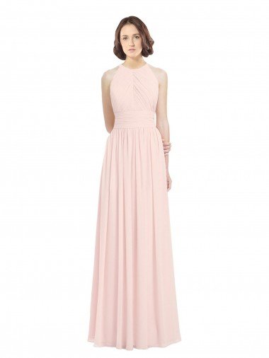 Affordable Sleeveless Chiffon High Neck Bridesmaid Dress with Diagonal Pleats UK