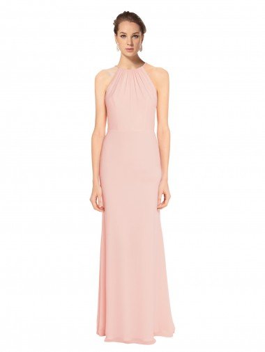 Affordable High Neck Long Chiffon Halter Bridesmaid Dress with Drape Chiffon Overlay UK