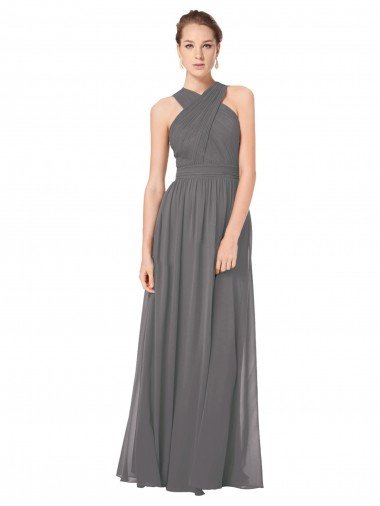 Affordable Long Chiffon Halter Bridesmaid Dress Keyhole Back UK