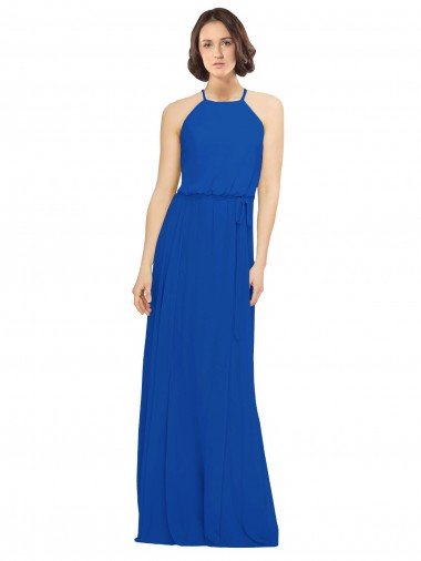 Affordable Long Jewel Neckline Chiffon Bridesmaids Dress wit Chiffon Tie Sash UK