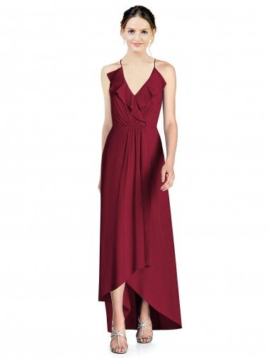 Affordable Draped V-Neck High Low Chiffon Bridesmaid Dress UK