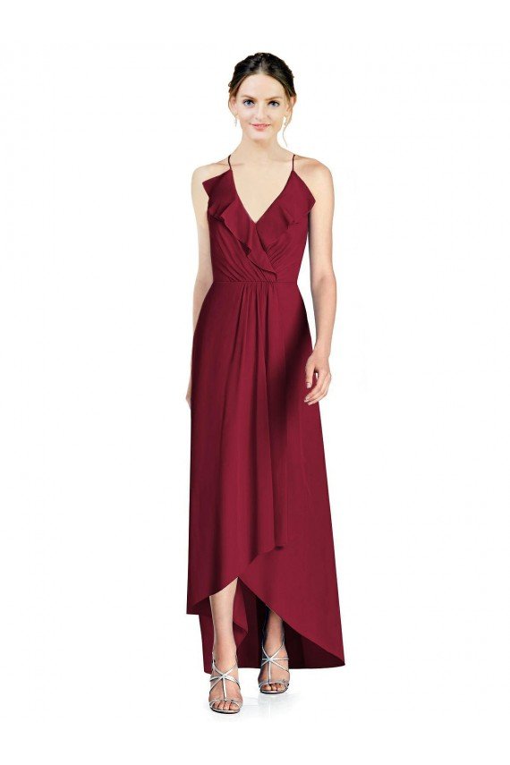 Affordable Draped V-Neck High Low Chiffon Bridesmaid Dress UK