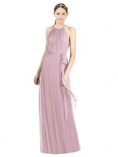 Affordable Shirred Halter Neck Long Chiffon Bridesmaid Dress UK