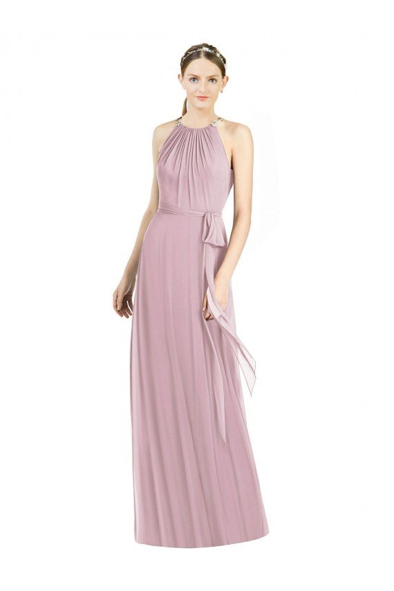 Affordable Shirred Halter Neck Long Chiffon Bridesmaid Dress UK