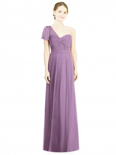 Affordable Flutter Sleeves One Shoulder Long Chiffon Bridesmaid Dress UK