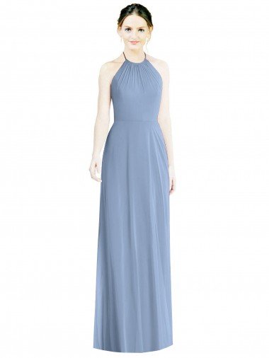 Affordable Halter Neck Tie Back Long Chiffon Bridesmaid Dress UK