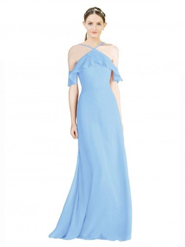 Affordable Halter Frill Cold Shoulder A-Line Chiffon Bridesmaid Dress UK