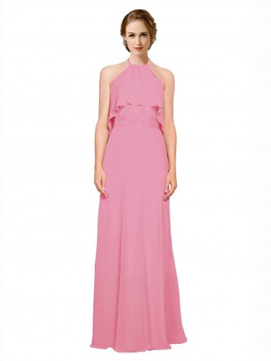 Affordable Ruffle Halter Neck A-Line Chiffon Bridesmaid Dress with Open Back UK