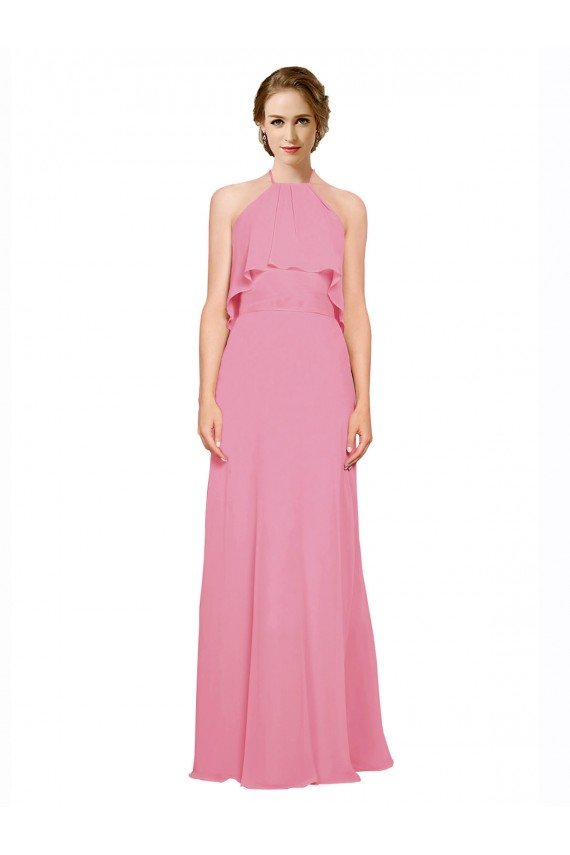 Affordable Ruffle Halter Neck A-Line Chiffon Bridesmaid Dress with Open Back UK