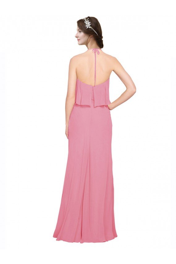 Affordable Ruffle Halter Neck A-Line Chiffon Bridesmaid Dress with Open Back UK