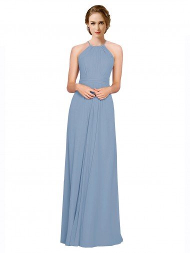 Affordable Pleated Halter Neckline A-Line Chiffon Bridesmaid with Criss Cross Back UK