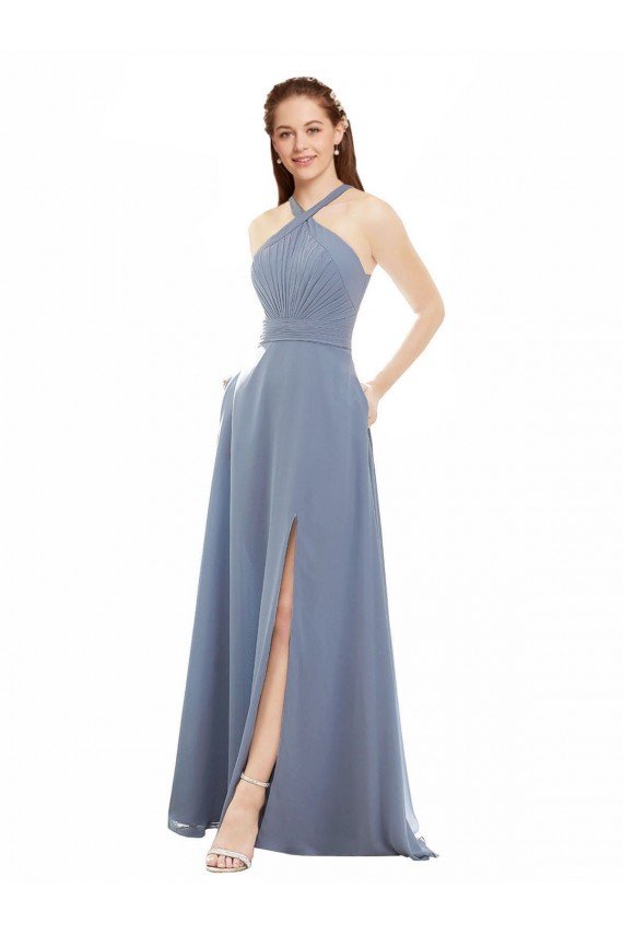 Affordable High Neck Chiffon Bridesmaid Dress with Draped Bodice UK