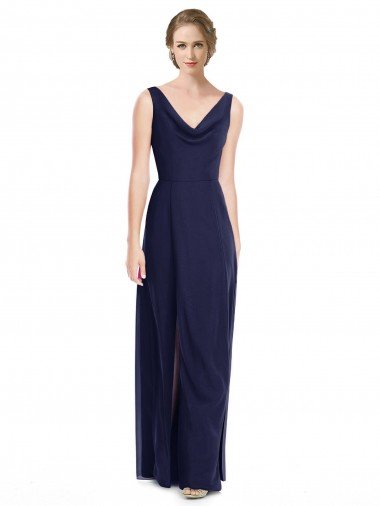 Affordable Cowl Neck Deep V-Back Chiffon Bridesmaid Dress with Side Front Slits UK