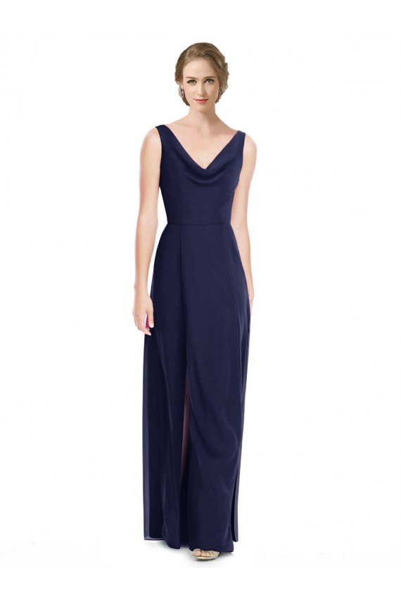 Affordable Cowl Neck Deep V-Back Chiffon Bridesmaid Dress with Side Front Slits UK