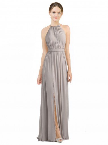 Affordable Backless Halter Chiffon Bridesmaid Dress with Front Slit and Tie Open Back UK