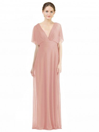 Affordable Draped Short Sleeves Long Chiffon A-Line Bridesmaid Dress UK