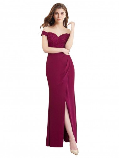 Affordable Off the Shoulder Chiffon Bridesmaid Dress with Lace Appliques and Front Slit UK