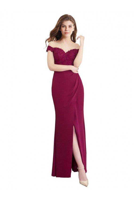 Affordable Off the Shoulder Chiffon Bridesmaid Dress with Lace Appliques and Front Slit UK