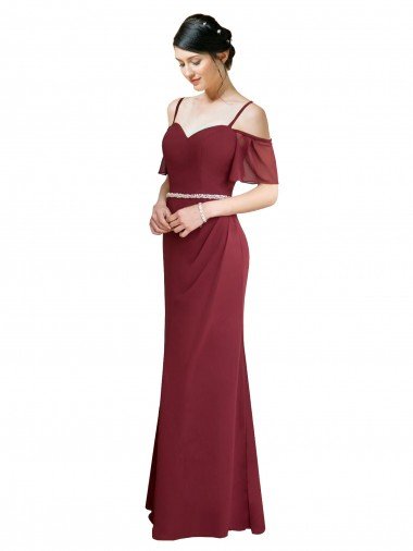 Affordable Draped Cold Shoulder Long Chiffon Bridesmaid Dress with Spaghetti Straps UK