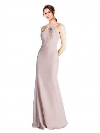 Affordable Long Slim Chiffon Bridesmaid Dress with Ruffled Waist and Keyhole UK