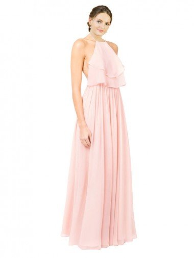 Affordable Halter Neck Chiffon Bridesmaid Dress with Double Ruffle Front UK