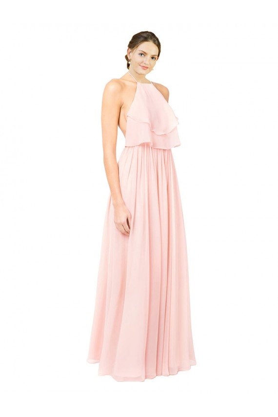 Affordable Halter Neck Chiffon Bridesmaid Dress with Double Ruffle Front UK