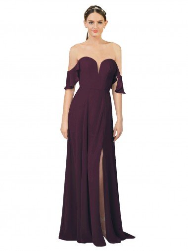 Affordable Romantic Off-Shoulder Chiffon Bridesmaid Dress with Plunging V-Neck UK