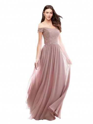 Affordable Floor Length Chantilly Lace Off the Shoulder Chiffon Bridesmaid Dress UK