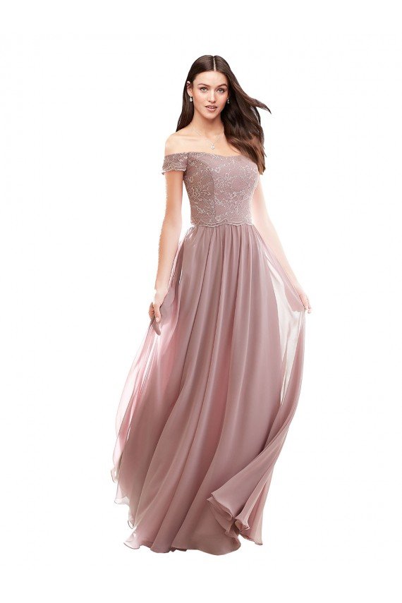 Affordable Floor Length Chantilly Lace Off the Shoulder Chiffon Bridesmaid Dress UK