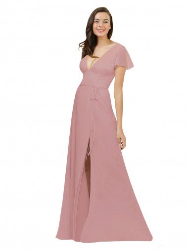 Affordable Flutter Sleeves Short Chiffon Bridesmaid Dress with Tie Belt UK