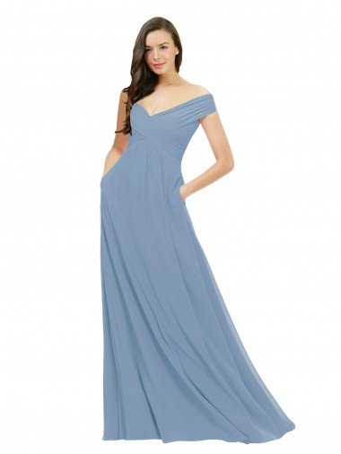 Affordable Chiffon Bridesmaid Dress with Classic Off the Shoulder Neckline UK