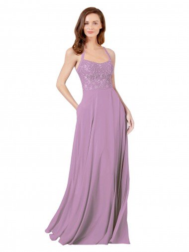 Affordable Floral Detailed Chiffon Bridesmaid Dress with Keyhole Back UK