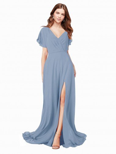 Affordable Chiffon Bridesmaid Dress / Prom Dress with Flutter Sleeves and Front Slit UK