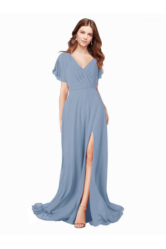 Affordable Chiffon Bridesmaid Dress / Prom Dress with Flutter Sleeves and Front Slit UK