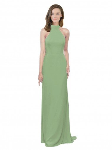 Affordable High Collar Halter Neck Chiffon Bridesmaid Dress with Long Back Tie UK