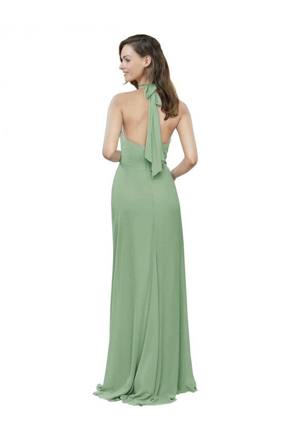 Affordable High Collar Halter Neck Chiffon Bridesmaid Dress with Long Back Tie UK