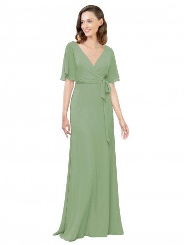 Affordable Chiffon V-Neckline Wrap Bridesmaids Dress With Double Flutter Sleeve UK