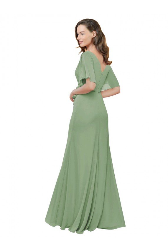 Affordable Chiffon V-Neckline Wrap Bridesmaids Dress With Double Flutter Sleeve UK