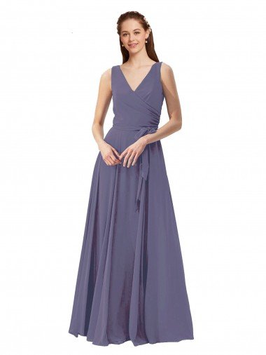 Affordable V-Neck Long Draped A-Line Chiffon Bridesmaid Dress UK