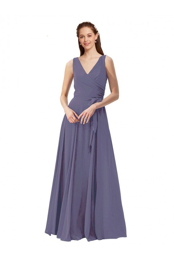 Affordable V-Neck Long Draped A-Line Chiffon Bridesmaid Dress UK