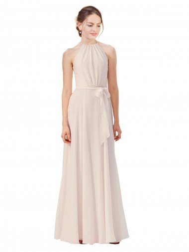 Affordable Tie Neck Long Chiffon A-Line Bridesmaid Dress with Sheer Back UK