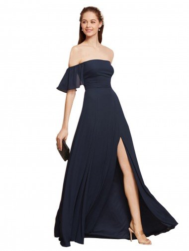 Affordable Off the Shoulder Floaty Sleeves Chiffon Bridesmaid Dress / Prom Dress with High Slit UK