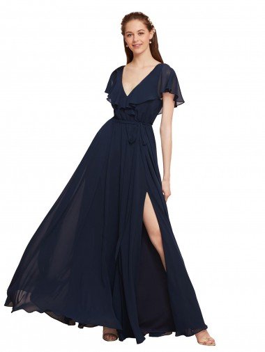 Affordable Long V-Neck Chiffon Bridesmaid Dress with Slit and V-Back UK