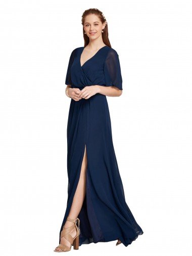 Affordable V-Neck Plush Chiffon Bridesmaid Dress with Flutter Sleeves UK