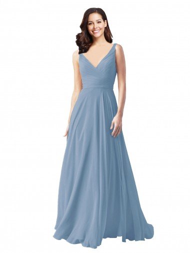 Affordable Long Chiffon V-Neck and Self Sash Bridesmaid Dress with Shirred Criss Cross Bodice UK