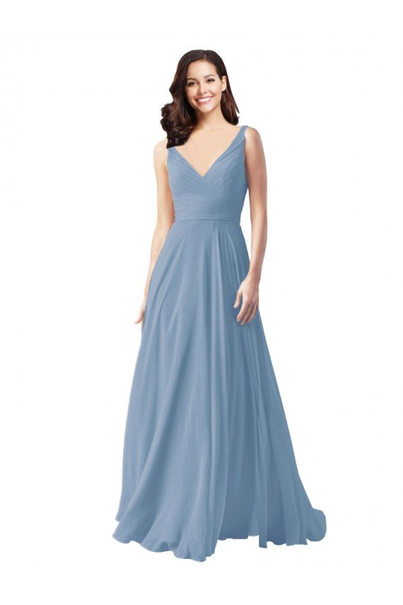 Affordable Long Chiffon V-Neck and Self Sash Bridesmaid Dress with Shirred Criss Cross Bodice UK