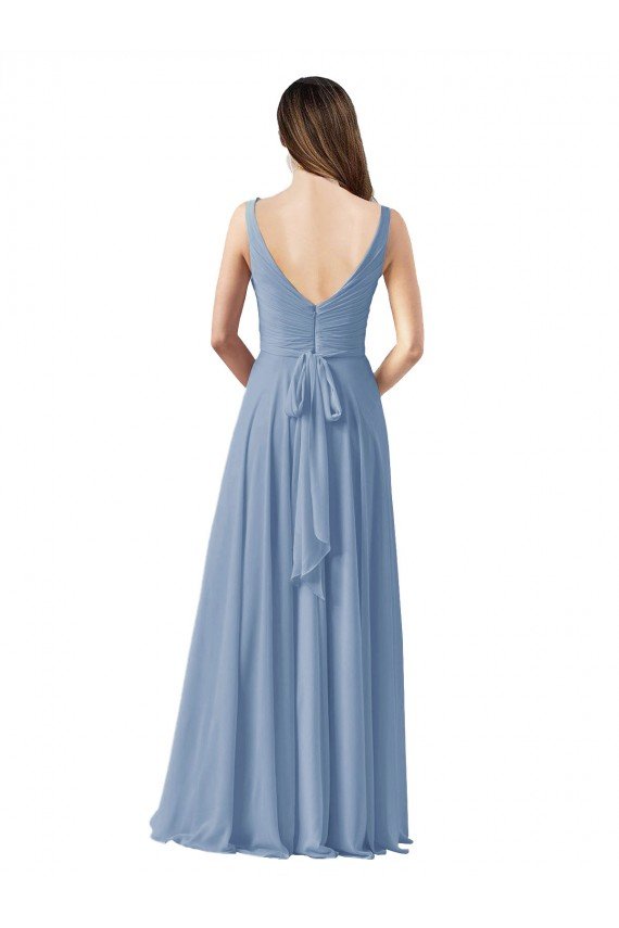 Affordable Long Chiffon V-Neck and Self Sash Bridesmaid Dress with Shirred Criss Cross Bodice UK