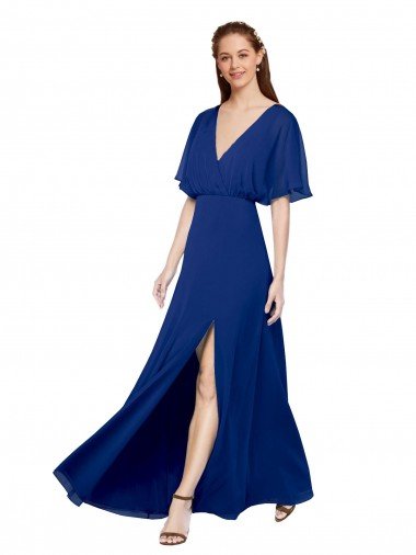 Affordable V-Neck Long Chiffon Bridesmaid Dress with Dolman Sleeved Bodice and Slit UK